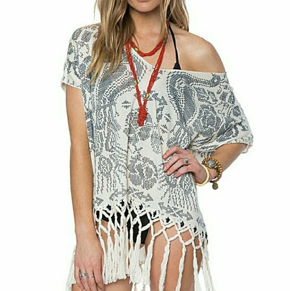 O'Neill White Eden Cover-up Fringe Poncho Top